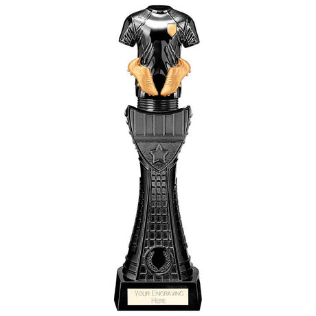 Black Viper Tower black and gold resin football strip trophy with personalised engraving plate