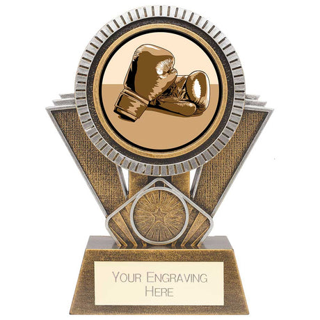 Apex resin boxing trophy with 25mm boxing centre and personalised engraving plate.