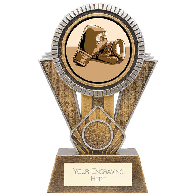 Apex resin boxing trophy with 25mm boxing centre and personalised engraving plate.