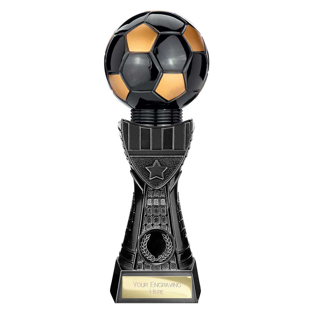 Black Viper Legend black and gold resin football strip trophy with personalised engraving plate