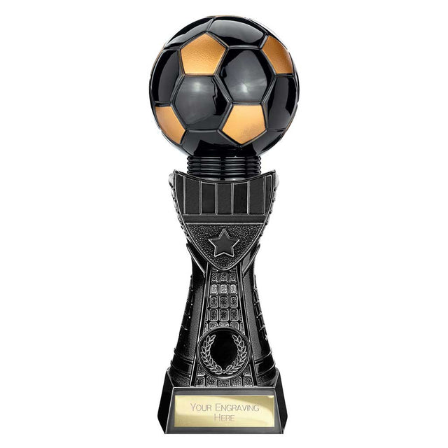 Black Viper Legend black and gold resin football strip trophy with personalised engraving plate
