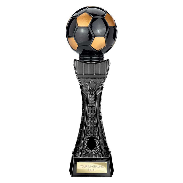 Black Viper Tower black and gold resin football trophy with personalised engraving plate
