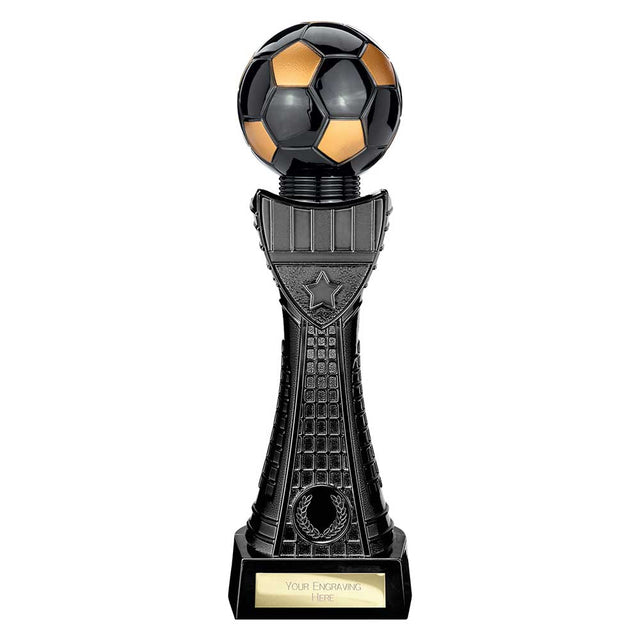 Black Viper Tower black and gold resin football trophy with personalised engraving plate