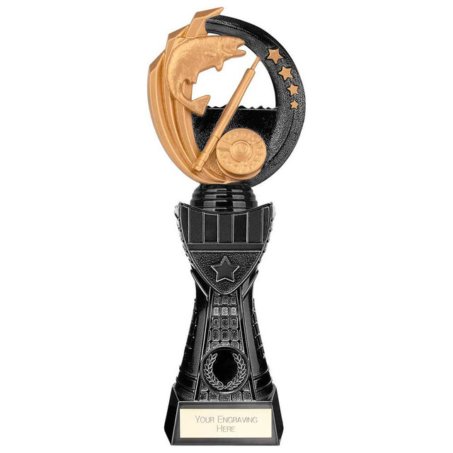 Renegade Heavyweight resin fishing trophy featuring a leaping fish, fishing rod and free personalised engraving