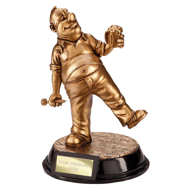 Personalised Beer Belly Darts Trophy resin figure holding a pint and dart with free engraved plate