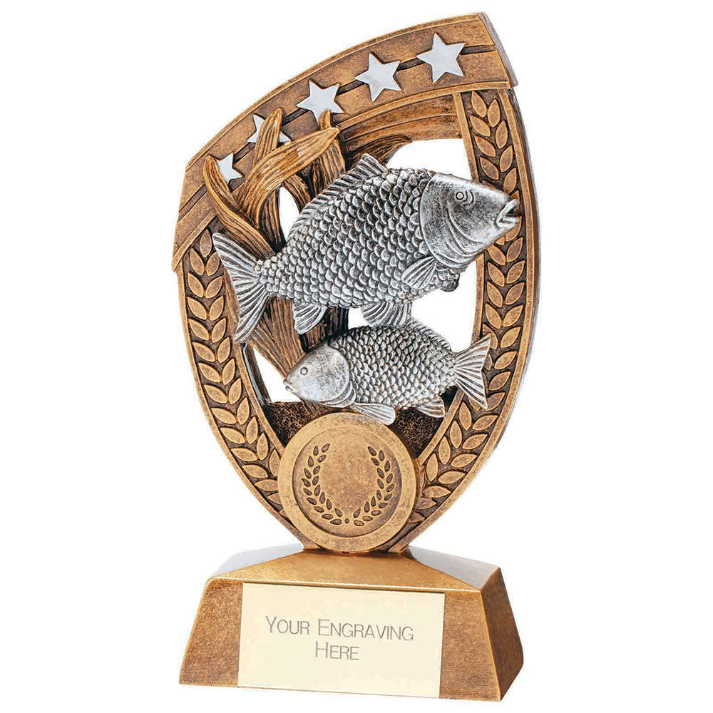 Patriot resin fishing trophy with detailed angling design and free personalised engraving