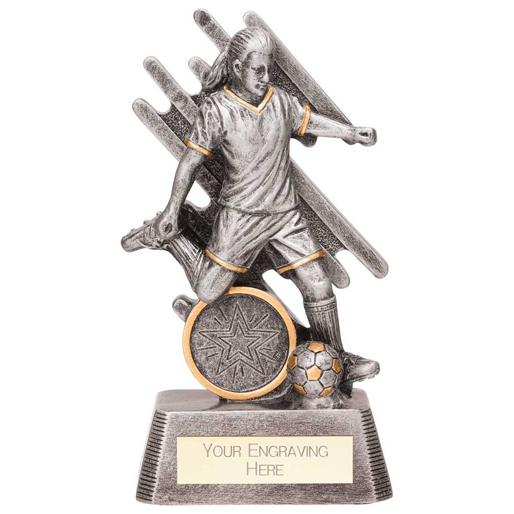 Focus Female Football Resin Trophy in antique silver and gold with FREE personalised engraving for girls' and women's football awards.