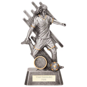 Focus Female Football Resin Trophy in antique silver and gold with FREE personalised engraving for girls' and women's football awards.