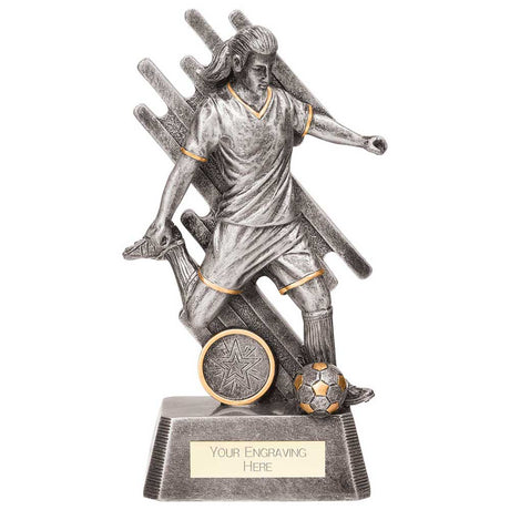 Focus Female Football Resin Trophy in antique silver and gold with FREE personalised engraving for girls' and women's football awards.