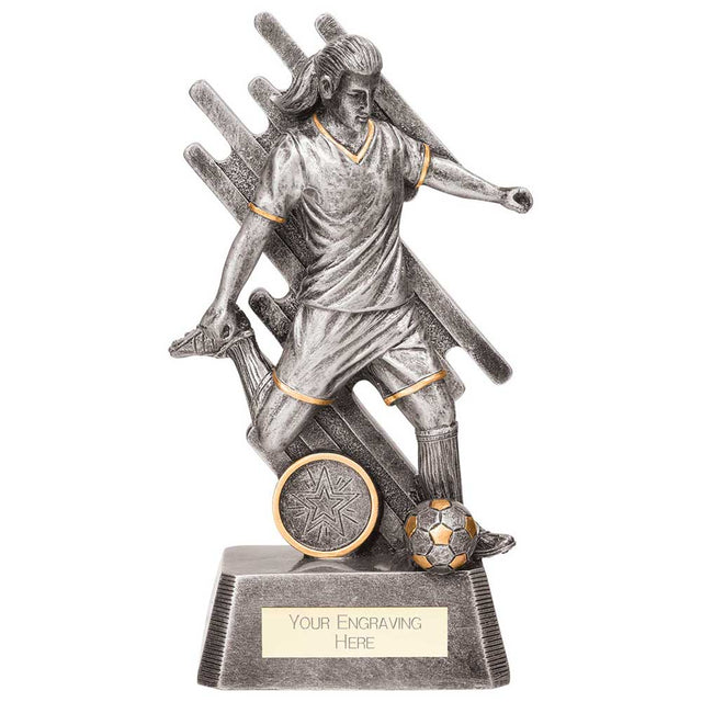 Focus Female Football Resin Trophy in antique silver and gold with FREE personalised engraving for girls' and women's football awards.