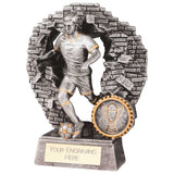 Blast Out Male resin football trophy featuring a footballer breaking through a brick wall with personalised engraving plate