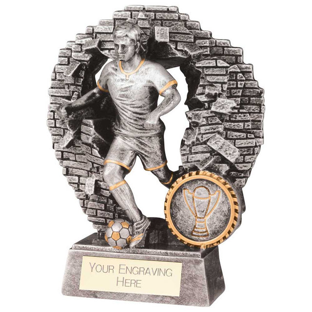 Blast Out Male resin football trophy featuring a footballer breaking through a brick wall with personalised engraving plate