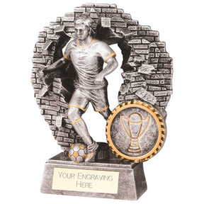 Blast Out Male resin football trophy featuring a footballer breaking through a brick wall with personalised engraving plate