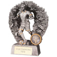 Blast Out Male resin football trophy featuring a footballer breaking through a brick wall with personalised engraving plate