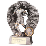 Blast Out Male resin football trophy featuring a footballer breaking through a brick wall with personalised engraving plate
