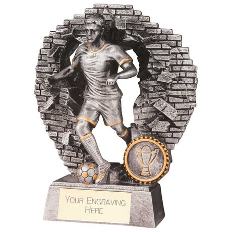 Blast Out Male resin football trophy featuring a footballer breaking through a brick wall with personalised engraving plate