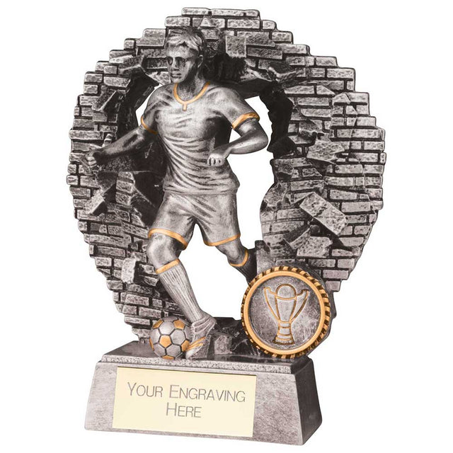 Blast Out Male resin football trophy featuring a footballer breaking through a brick wall with personalised engraving plate
