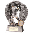 Blast Out Male resin football trophy featuring a footballer breaking through a brick wall with personalised engraving plate