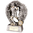 Blast Out Male resin football trophy featuring a footballer breaking through a brick wall with personalised engraving plate