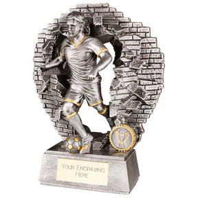 Blast Out Male resin football trophy featuring a footballer breaking through a brick wall with personalised engraving plate