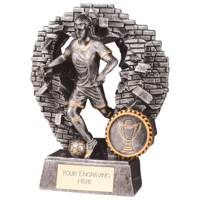Female Football Breakthrough Resin Trophy with FREE Personalised Engraving, antique silver and gold football award with brick wall design.