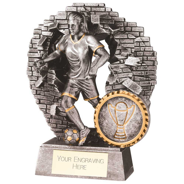Female football trophy with personalised engraving and breakthrough brick wall design.
