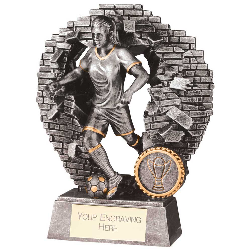 Personalised female football resin trophy with gold football insert and engraving plate.