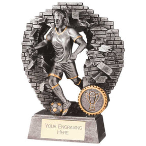 Personalised female football resin trophy with gold football insert and engraving plate.