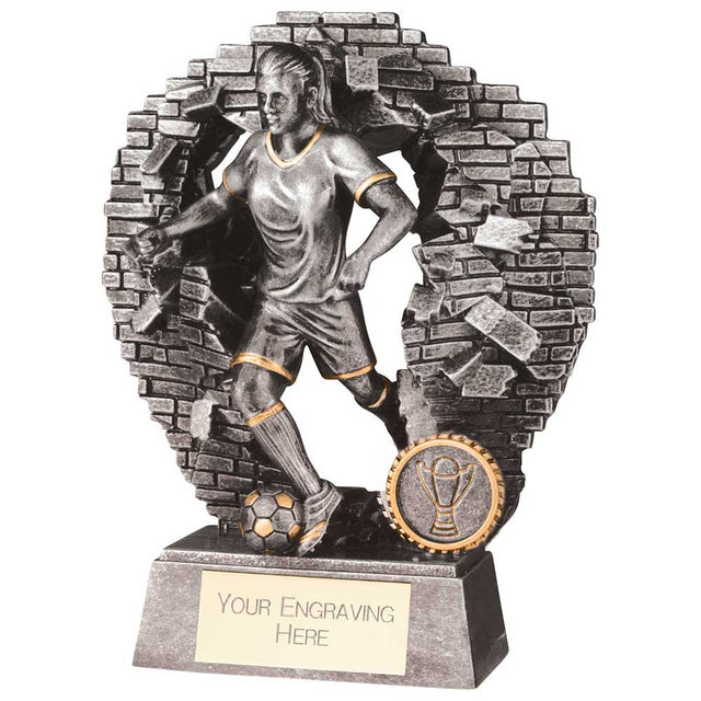Girls football presentation trophy in antique silver with FREE engraved nameplate.