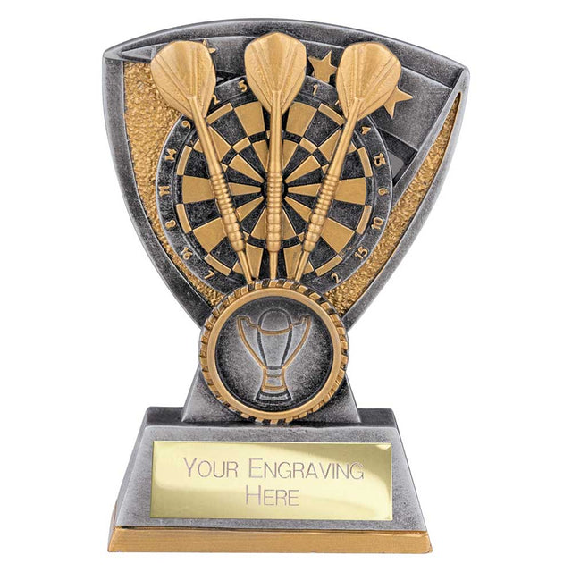 Personalised resin darts trophy with antique gold and silver dartboard design and free engraved plate