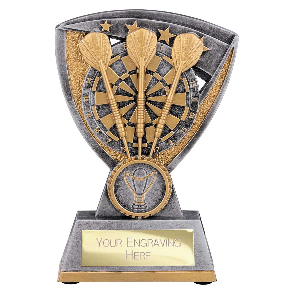 Personalised resin darts trophy with antique gold and silver dartboard design and free engraved plate