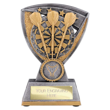 Personalised resin darts trophy with antique gold and silver dartboard design and free engraved plate