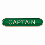 Captain school bar badge in green enamel with gold lettering and butterfly clutch fastening.