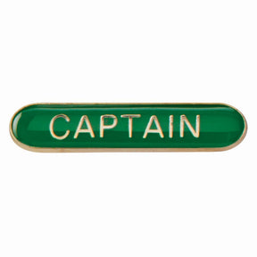 Captain school bar badge in green enamel with gold lettering and butterfly clutch fastening.