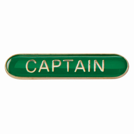Captain school bar badge in green enamel with gold lettering and butterfly clutch fastening.
