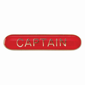 Captain school bar badge in red enamel with gold lettering and butterfly clutch fastening.