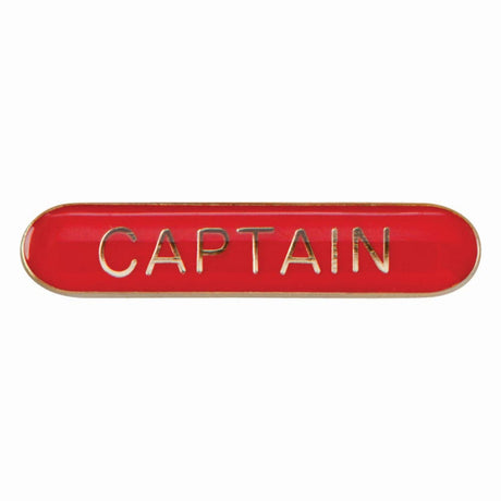 Captain school bar badge in red enamel with gold lettering and butterfly clutch fastening.