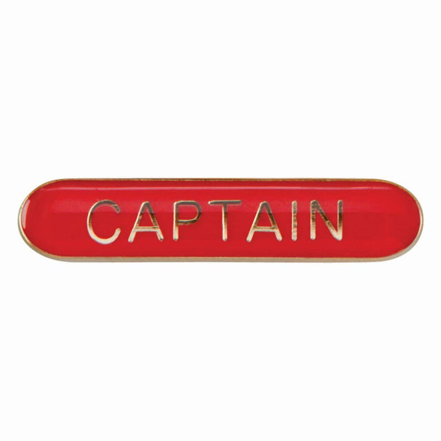 Captain school bar badge in red enamel with gold lettering and butterfly clutch fastening.