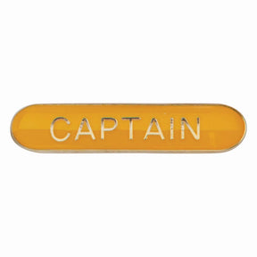 Captain school bar badge in yellow enamel with gold lettering and butterfly clutch fastening.