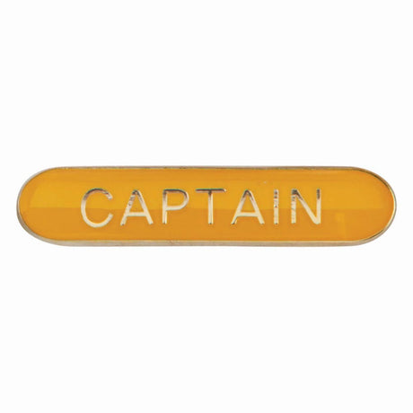 Captain school bar badge in yellow enamel with gold lettering and butterfly clutch fastening.