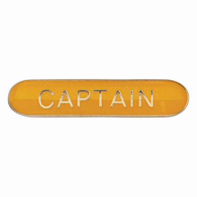 Captain school bar badge in yellow enamel with gold lettering and butterfly clutch fastening.