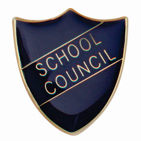 Premium enamel school shield badge with butterfly clutch fastening for student leadership and recognition awards.