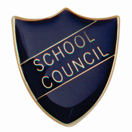 Premium enamel school shield badge with butterfly clutch fastening for student leadership and recognition awards.