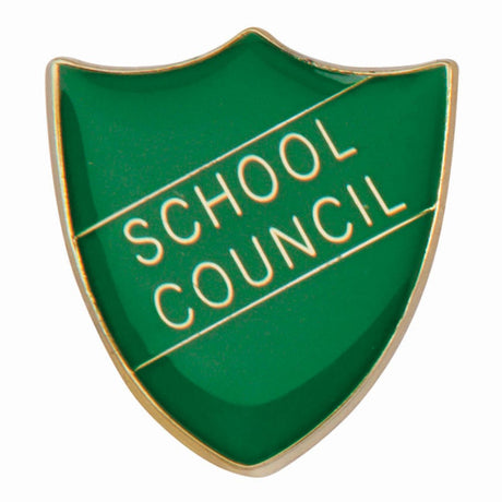 Premium enamel school shield badge with butterfly clutch fastening for student leadership and recognition awards.