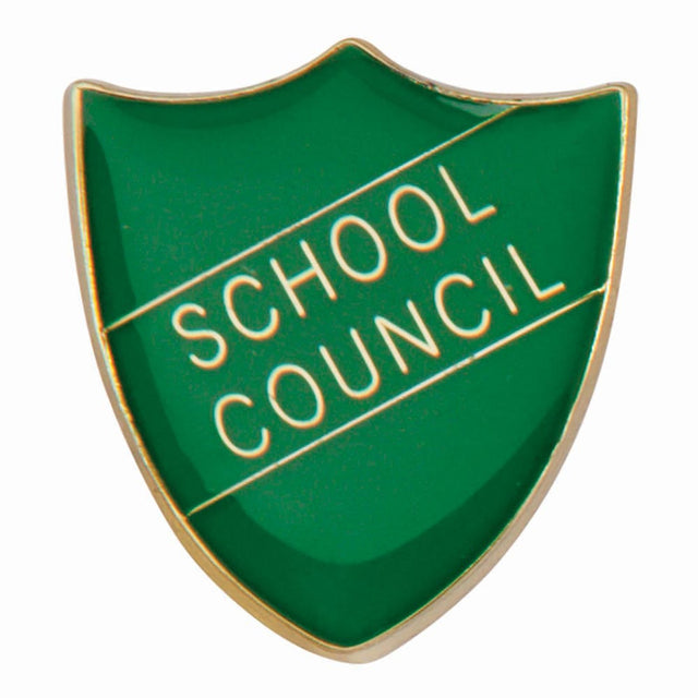 Premium enamel school shield badge with butterfly clutch fastening for student leadership and recognition awards.