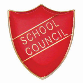 Premium enamel school shield badge with butterfly clutch fastening for student leadership and recognition awards.