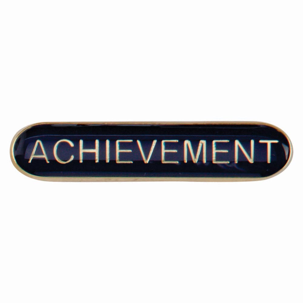 Achievement school bar badge in blue with gold lettering and butterfly clutch fastening.