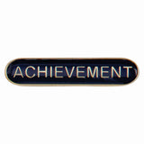 Achievement school bar badge in blue with gold lettering and butterfly clutch fastening.