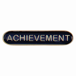Achievement school bar badge in blue with gold lettering and butterfly clutch fastening.