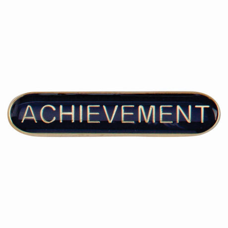 Achievement school bar badge in blue with gold lettering and butterfly clutch fastening.